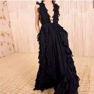 Ulla Johnson Florella Gown - Black Ruffled Deep V Maxi Dress